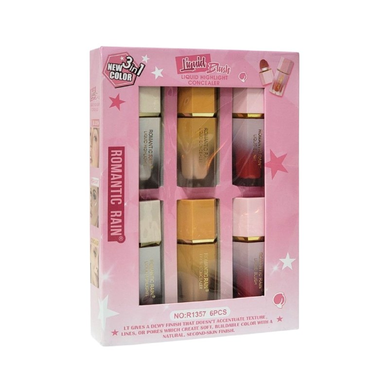 SET DE MAQUILLAJE LIQUIDO DE RUBOR CORRECTOR E ILUMINADOR ROMANTIC RAIN 6PCS (DUPE SHEGLAM)