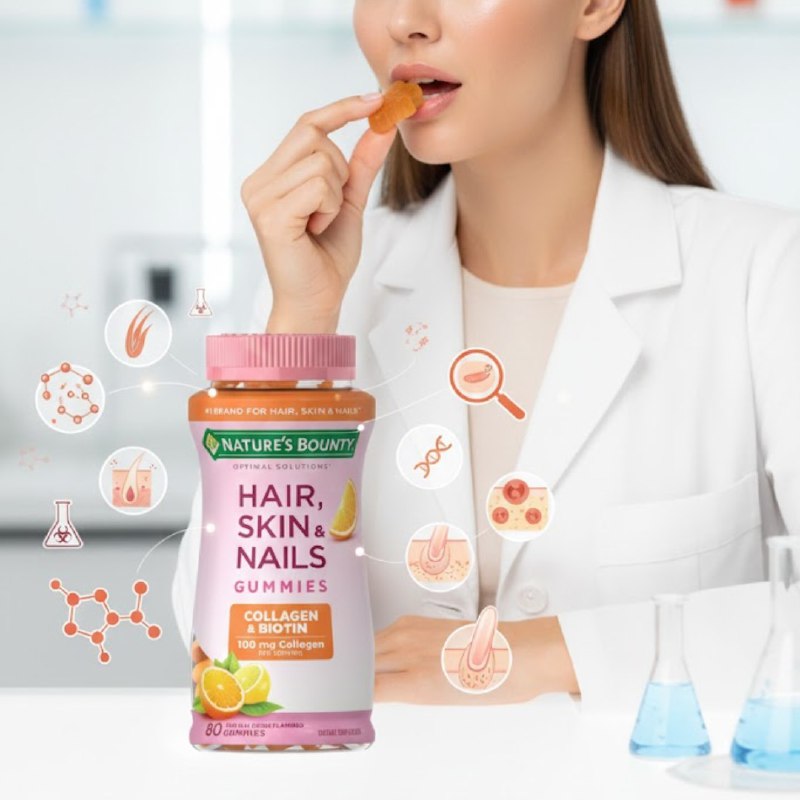 VITAMINAS EN GOMITAS PARA EL CABELLO, PIEL Y UÑAS DE COLAGENO Y BIOTINA SABOR A CITRICOS TROPICALES NATURES BOUNTY 80UND