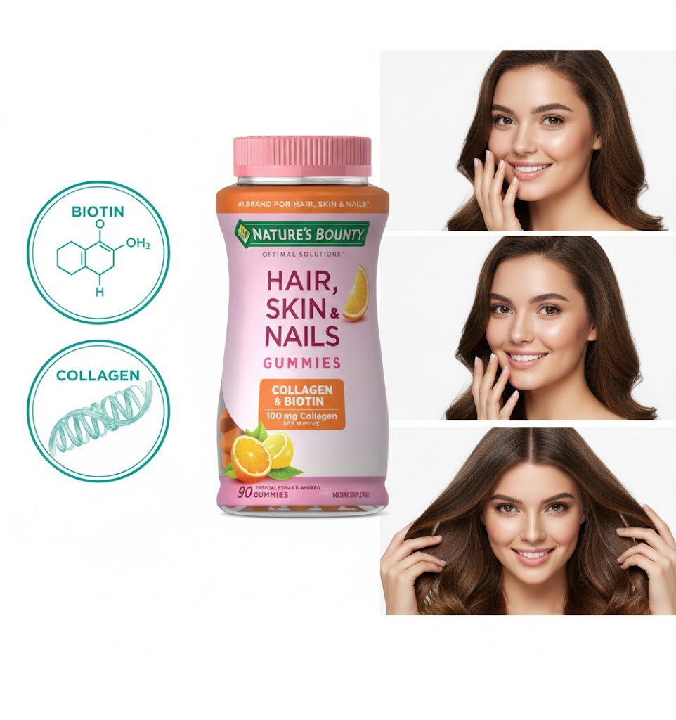 VITAMINAS EN GOMITAS PARA CABELLO, PIEL Y UÑAS AVANZADO CON COLÁGENO Y BIOTINA SABOR CITRICO NATURES BOUNTY 90UND