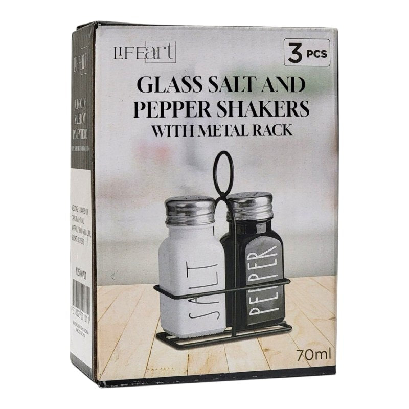 RECIPIENTE PARA SAL Y PIMIENTA DE VIDRIO CON SOPORTE METALICO 4X4X9,5CM Y CAPACIDAD 70ML LIFEART