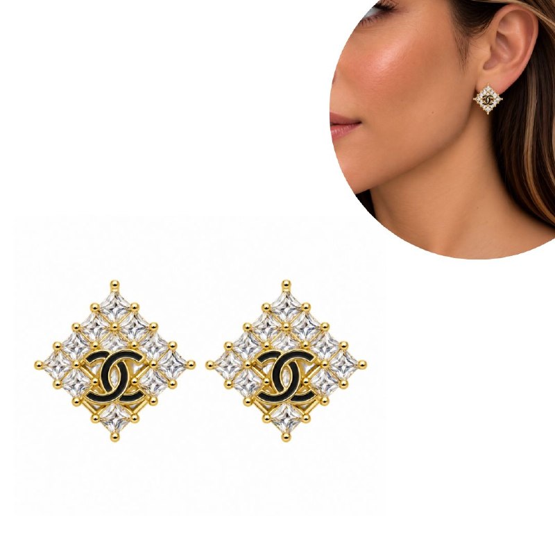 ARITOS DE ENCHAPE PARA DAMA CON DISEÑO DE ROMBO CHANEL 2CM