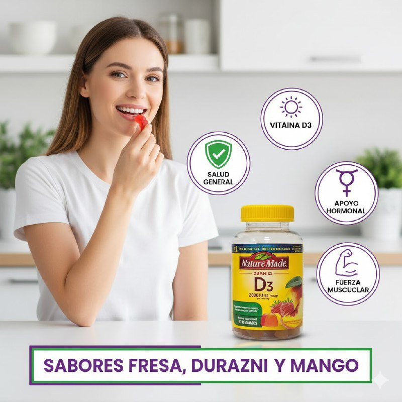 VITAMINAS EN GOMITAS FAVORECEN LA SALUD INMUNITARIA, OSEA, HORMONAL Y MUSCULAR, 2000UI 50MCG, SABOR FRESA, MELOCOTON Y MANGO NATURE MADE D3, 60UND