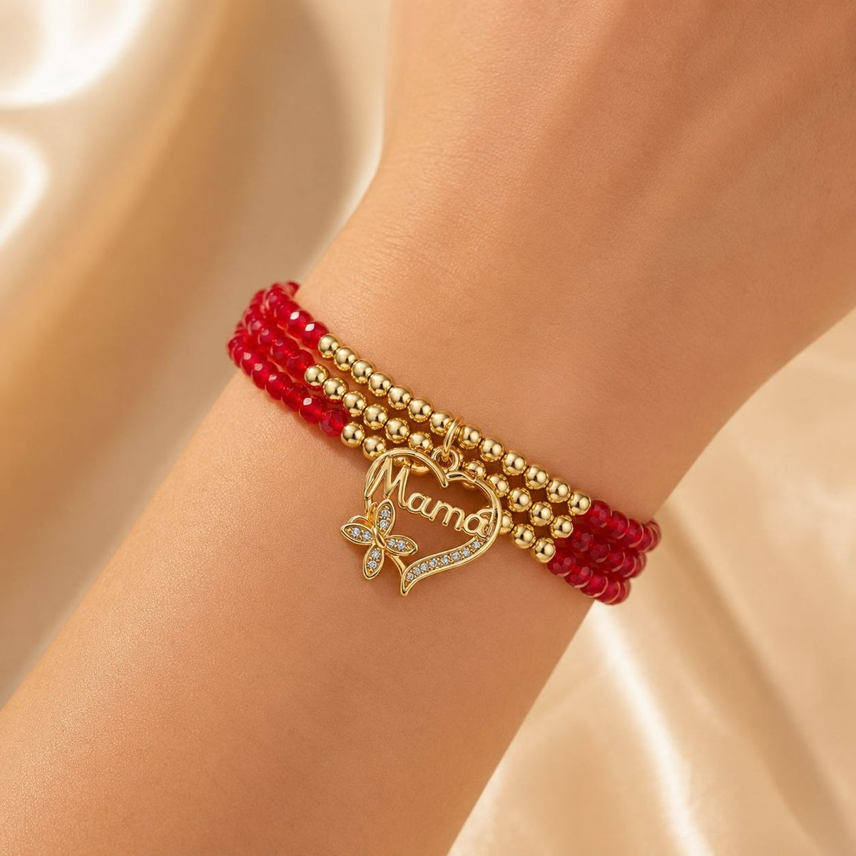 PULSERA DE ENCHAPE PARA DAMA CON DISEÑO DE CORAZON MAMA