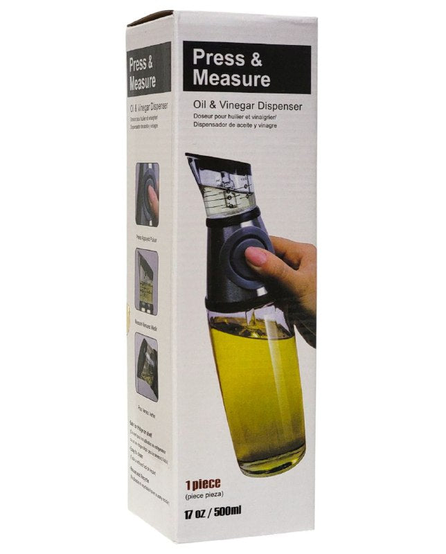 BOTELLA DISPENSADORA DE ACEITE Y VINAGRE, SEGURO PARA REFRIGERADOR O ESTANTE, MIDE LA CANTIDAD EXACTA DE ACEITE O VINAGRE QUE DESEE PRESS & MEASURE 500ML