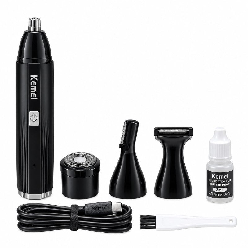 KIT DE AFEITADO Y RECORTE 4 EN 1 DE BELLO DE BARBA, CEJAS, BIGOTE PARA HOMBRES ELECTRICO RECARGABLE KEMEI