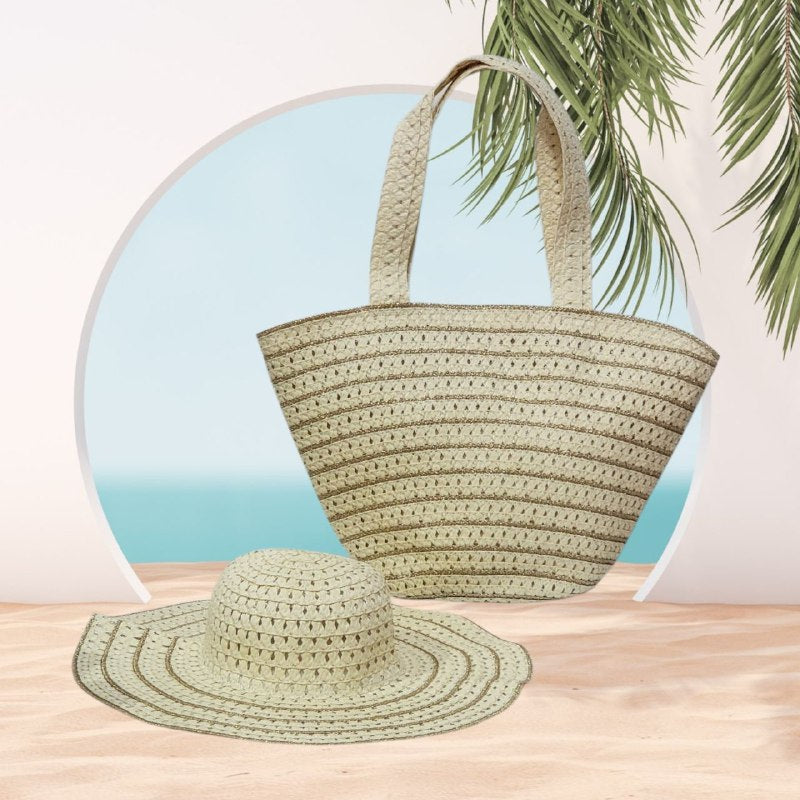 CONJUNTO DE SOMBRERO Y BOLSO PARA PLAYA, PROTEGETE DEL SOL CON ESTILO IDEAL PARA VACACIONES GAIA 33X41CM