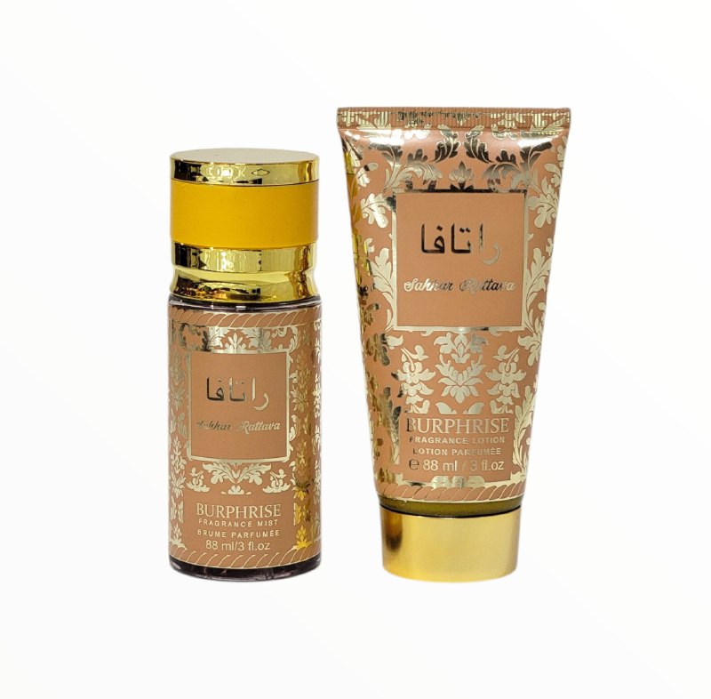 SET SAKHAR RATTAVE BURPHRISE SPLASH 88ML, BODY LOTION 88ML (M) (AROMA SIMILAR LATTAFA FAKHAR GOLD)