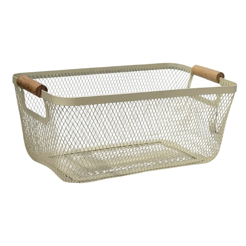 CANASTA CESTA ORGANIZADORA PORTATIL DE METAL CON ASAS DE MADERA ELEGANTE 15X20X35CM