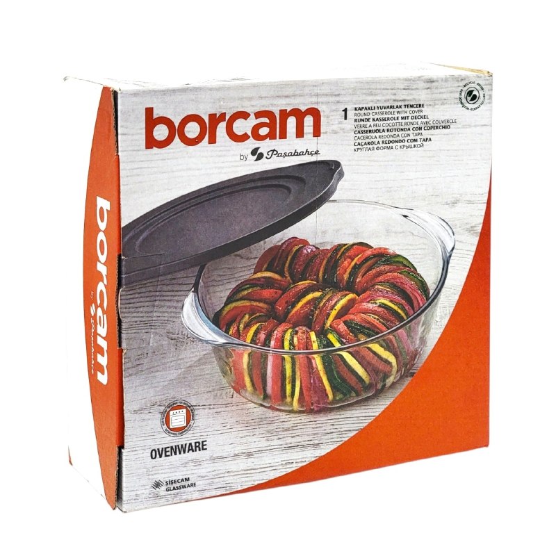 RECIPIENTE REDONDO DE VIDRIO CON TAPA PARA HORNEAR Y ALMACENAR DE ALTA RESISTENCIA 23CM BORCAM