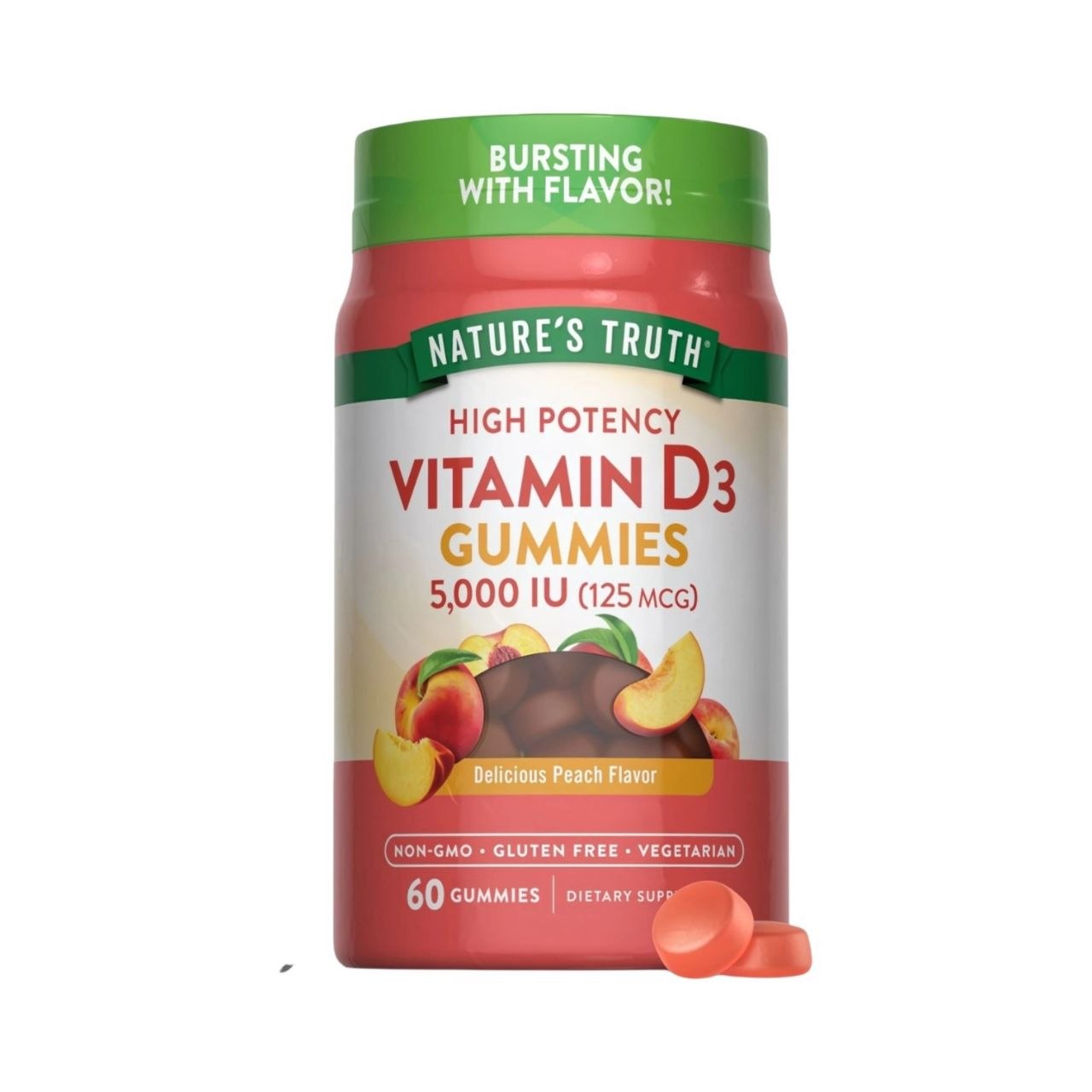 VITAMINAS EN GOMITAS DE ALTA POTENCIA, VITAMINA D3 5000UI 125MCG, SIN GLUTEN, SABOR MELOCOTON NATURE S TRUTH 60UND