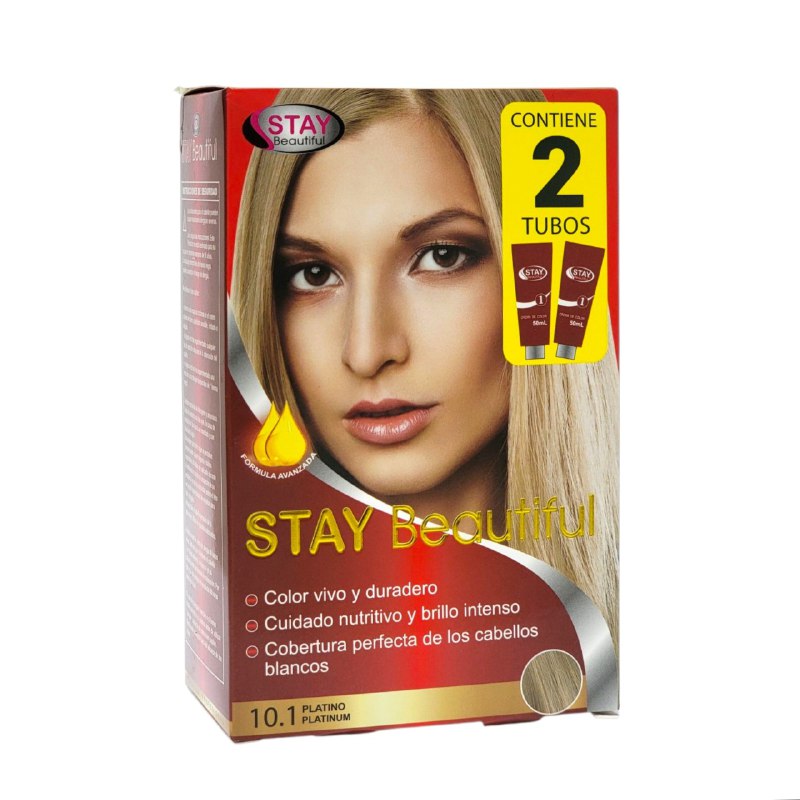 TINTE PARA EL CABELLO COLOR PLATINO PLATINUM 10.1, VIVO Y DURADERO STAY BEUTIFUL 50MLX2