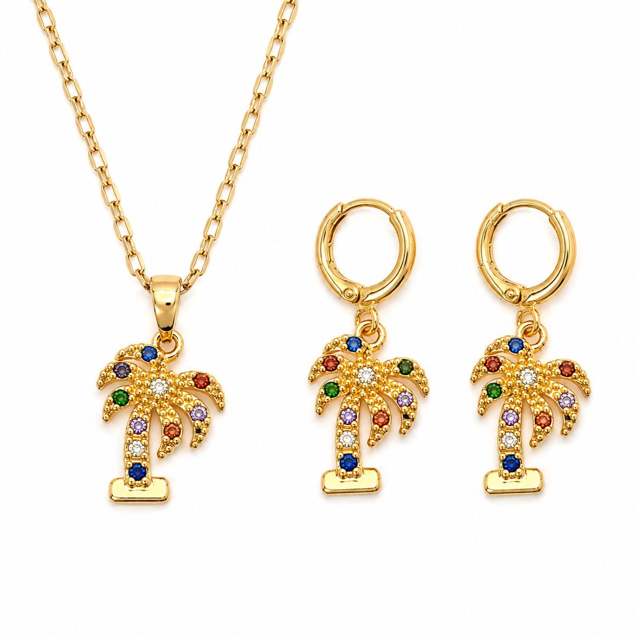 SET DE ENCHAPE PARA DAMA CON DISEÑO DE PALMERA CON CRISTALES MULTICOLOR