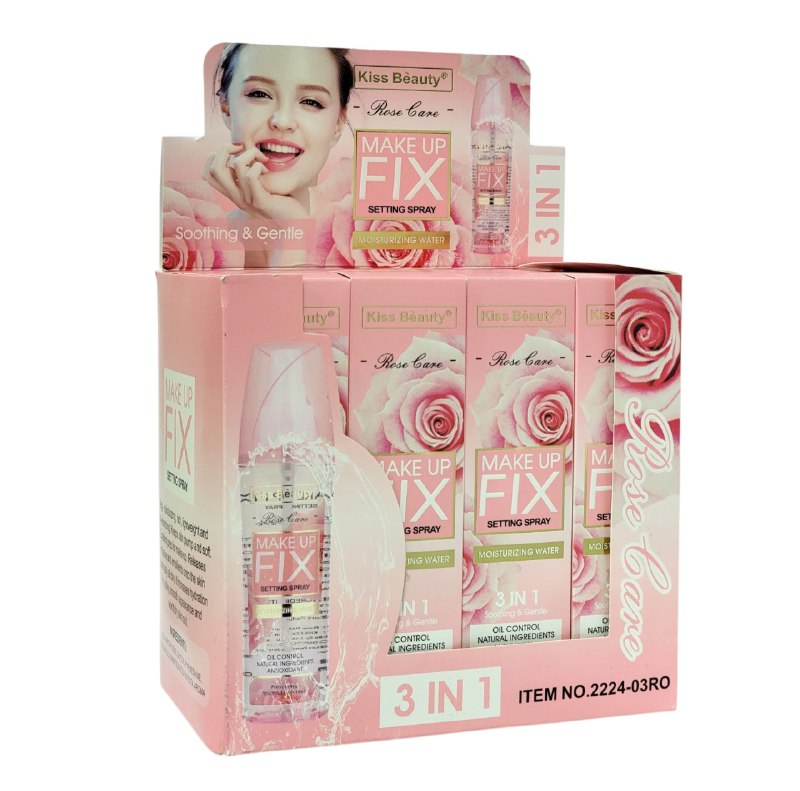 FIJADOR DE MAQUILLAJE EN SPRAY 3 EN 1 HIDRATANTE, AGUA DE ROSAS CALMANTE, SUAVE, RICO Y DE RAPIDA ABSORCION KISS BEAUTY 150ML