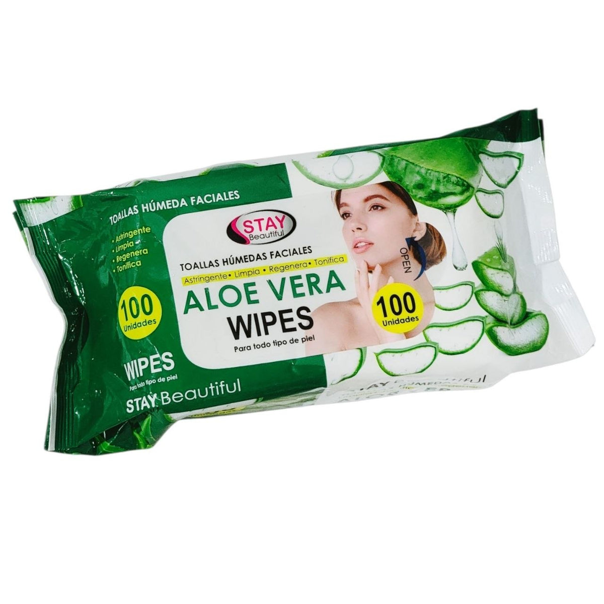 TOALLITAS HUMEDAS FACIALES DE ALOE VERA DESMAQUILLANTES Y LIMPIADORAS 100UND STAY BEAUTIFUL