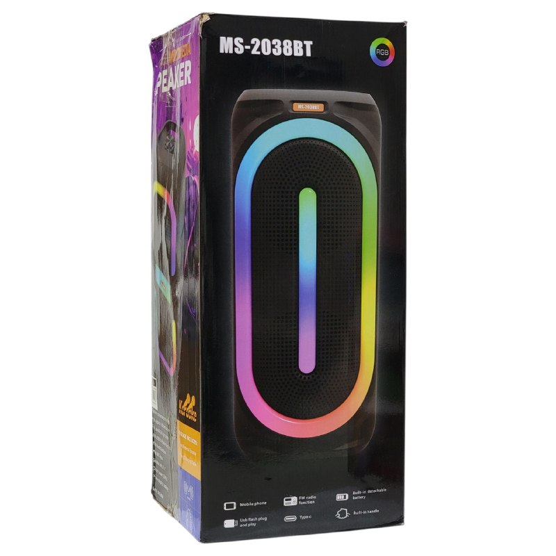 PARLANTE ALTAVOZ INALAMBRICO CON LUCES RGB DE PANEL COMPLETO, BATERIA DE ALTA CAPACIDAD Y 50W DE POTENCIA, SONIDO ENVOLVENTE Y MICROFONO PARA KARAOKE MS-2039BT