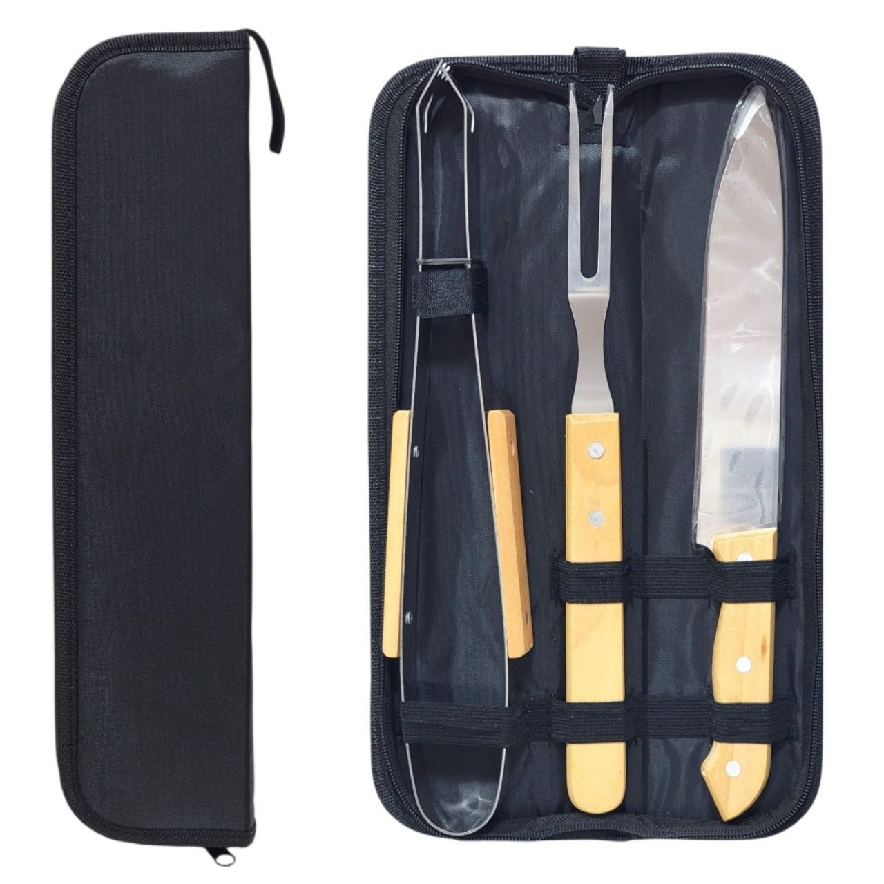 SET PARRILLERO PINZAS, UN TENEDOR TRINCHANTE Y UN CUCHILLO ACERO INOXIDABLE 3 PIEZAS