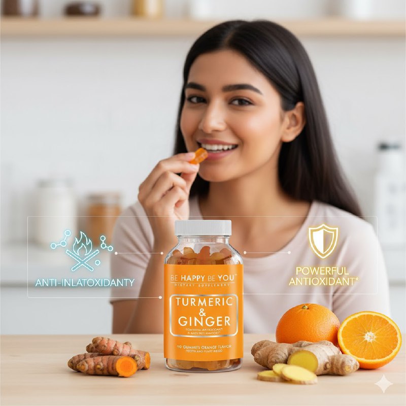 VITAMINAS EN GOMITAS DE CURCUMA Y JENGIBRE PODEROSO ANTIOXIDANTE Y ANTIINFLAMATORIO, SABOR NARANJA PECTINA Y BASE VEGETAL BE HAPPY BE YOU DIETARY SUPLEMENT 90UND