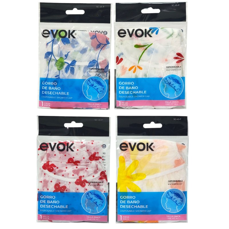 GORRO DE BAÑO DESECHABLE IMPERMEABLE Y VERSATIL TALLA UNICA EVOK 12 PIEZAS 4 ESTILOS
