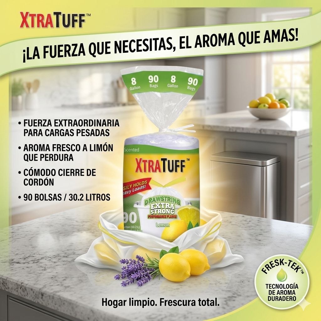 BOLSAS DE BASURA MEDIANAS CON CINTA INTEGRADA Y AROMA CITRICO 8 GALONES 90PCS XTRATUFF 53X58CM
