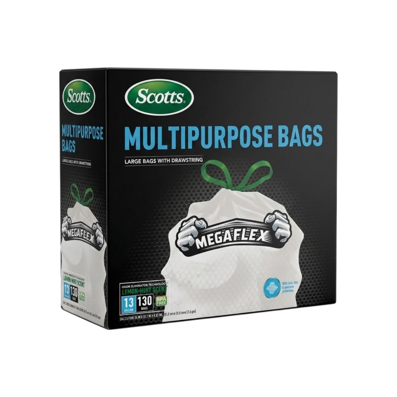 BOLSAS DE BASURA MULTIUSO REFORZADAS CON CONTROL DE OLORES Y CORDON AJUSTABLE 13 GALONES 130PCS SCOTTS 60X63CM