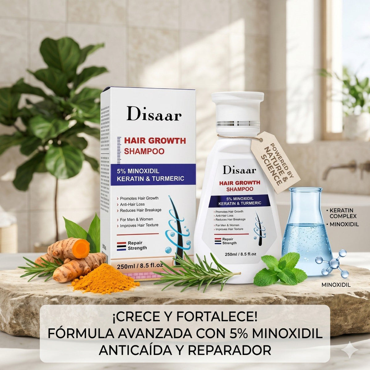 SHAMPOO ESTIMULANTE CON 5% MINOXIDIL QUERATINA Y CURCUMA DISAAR 250ML