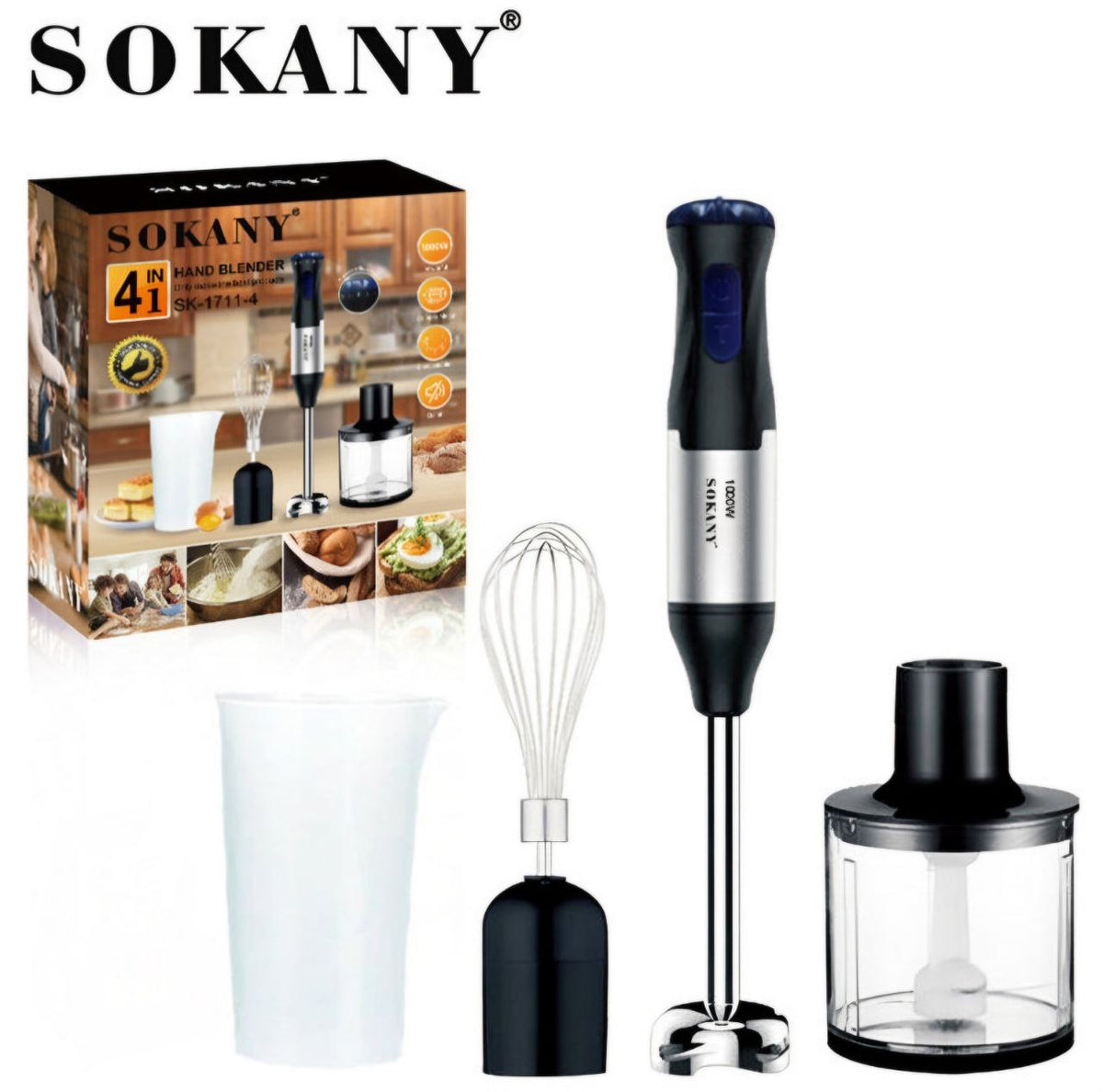 MAQUINA BATIDORA DE MANO SK-1711-4, 4 EN 1, BOTON DE SEGURIDAD, CAMPANA DE POTENCIA RAPIDA, EJE DE ACERO INOXIDABLE DESMONTABLE, 1000W, 5 VELOCIDADES SOKANY