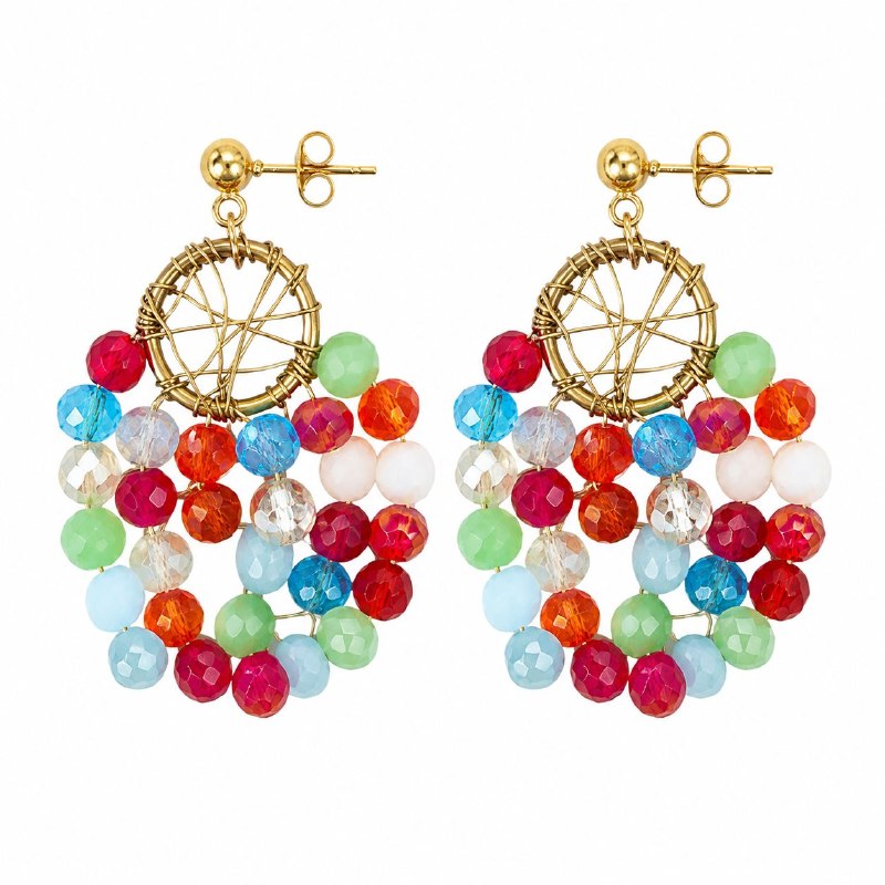 ARITOS DE ENCHAPE PARA DAMA CON DISEÑO DE ATRAPASUEÑOS Y PIEDRAS MULTICOLOR 4CM