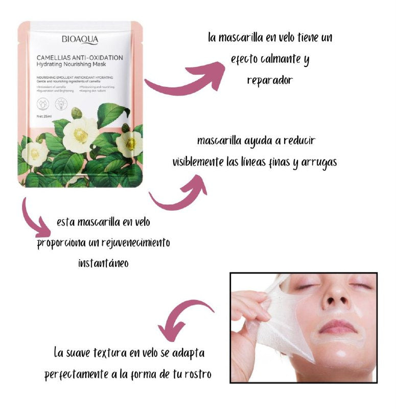 MASCARILLA FACIAL DE TELA HIDRATANTE NUTRITIVA Y ANTIOXIDANTE CON EXTRACTO DE CAMELIA BIOAQUA 25ML