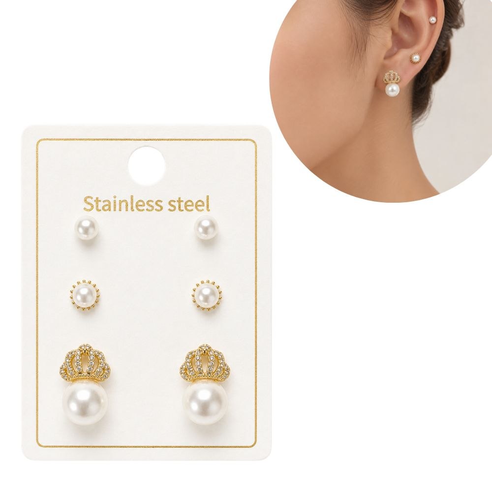 SET DE ARETES ENCHAPE PARA DAMA TRIPLE PAR CON CORONA EN PAVÉ Y PERLAS