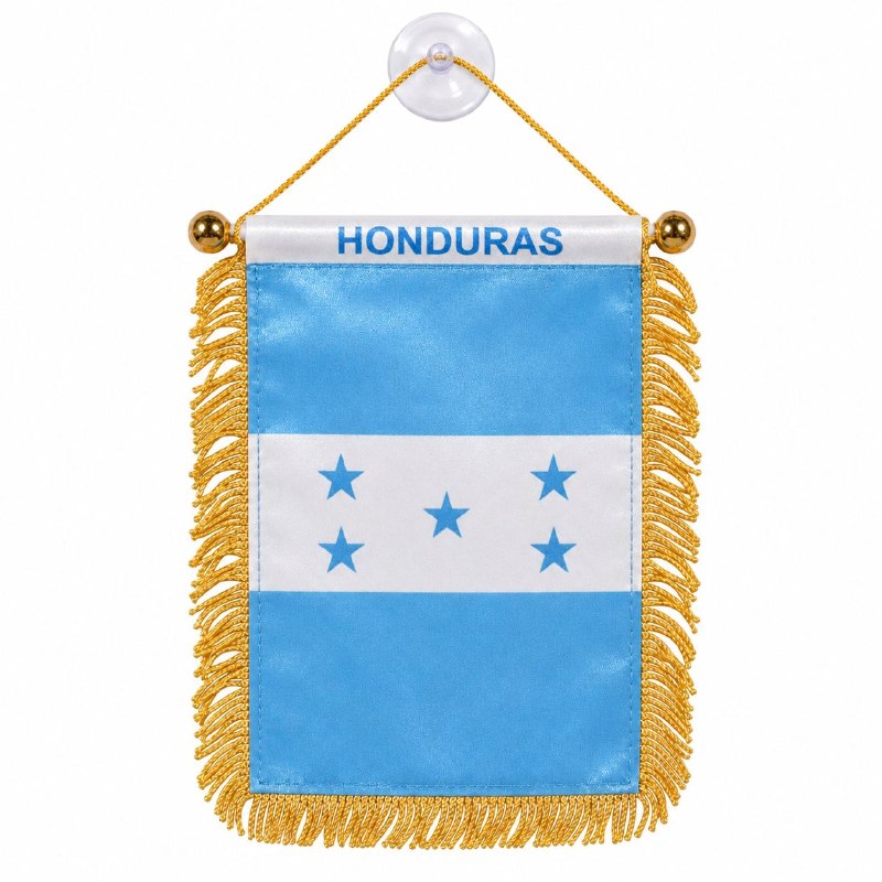 MINI BANDERA DECORATIVA DE HONDURAS CON FLECOS DORADOS CORDON Y VENTOSA