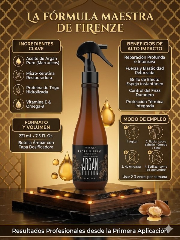 SPRAY PARA EL CABELLO DE TRATAMIENTO REPARADOR Y PROTECTOR TERMICO DE ACEITE DE ARGAN FIRENZE 221ML