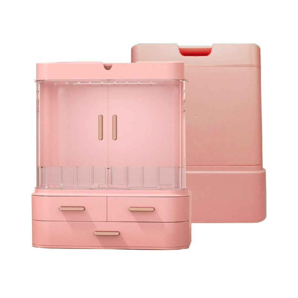 ORGANIZADOR DE MAQUILLAJE CON ESPEJO 360 GRADOS, SIN LUZ LED, COLOR ROSADO