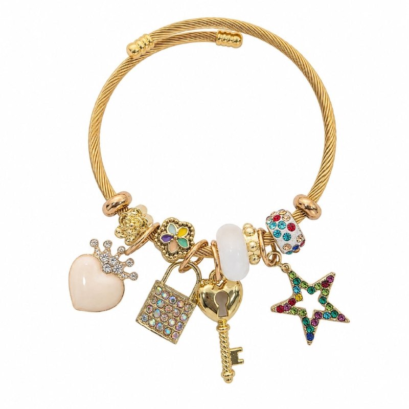 PULSERA DE ENCHAPE PARA DAMA CON DISEÑO DE ESTRELLA, CANDADO Y CORAZON