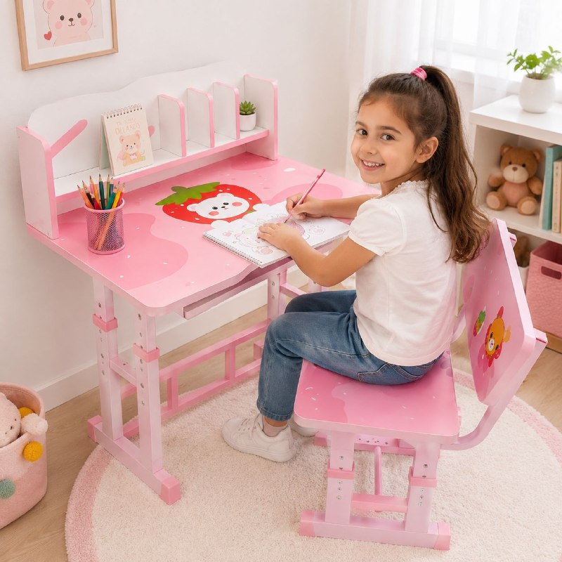 SET DE MESA Y SILLA INFANTIL PARA NIÑA CON DISEÑO DE FRESA Y OSITO MESA 86X70CM SILLA 62X32CM