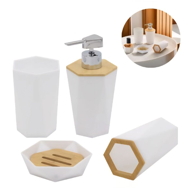 DISPENSADOR DE JABON LIQUIDO EN SET PARA BAÑO DE 4 PIEZAS, DISFRUTA DE UN BAÑO ORDENADO Y ELEGANTE