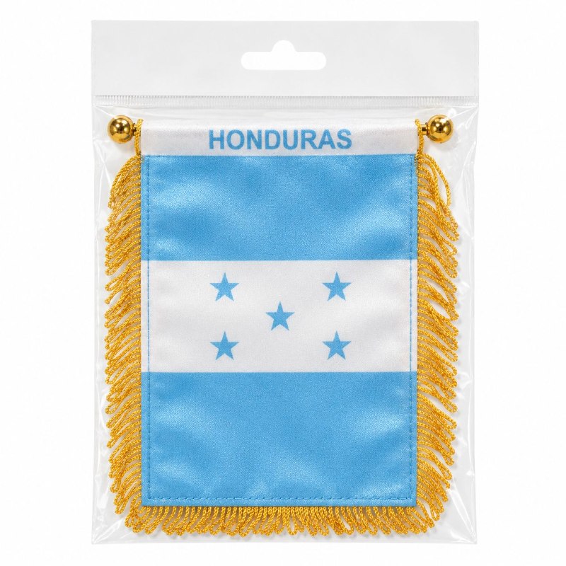 MINI BANDERA DECORATIVA DE HONDURAS CON FLECOS DORADOS CORDON Y VENTOSA