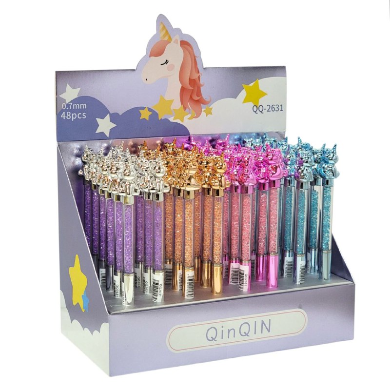 LAPIZ BOLIGRAFO DISEÑO DE UNICORNIO METALICO CON BRILLOS QINQIN, 4 ESTILOS