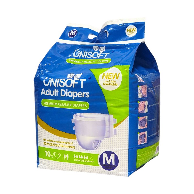 PAÑALES PARA ADULTOS DE CALIDAD PREMIUM SE ADAPTA A CINTURAS DE 82-112CM, DOBLE CAPA QUE ABSORBEN RAPOIDAMENTE UNISOFT TALLA M, 10UND