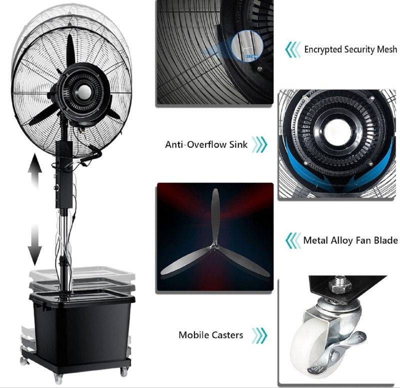 VENTILADOR INDUSTRIAL DE PIE, DE NEBULIZACION PARA EXTERIORES DE 30 PULGADAS, VENTILADOR DE PEDESTAL CON 3 VELOCIDADES, ROTACION 90 GRADOS AMERICAN STAR 82X10.5X82CM