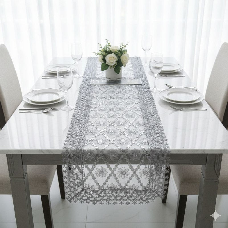 MANTEL CAMINO DE MESA BORDADO DE ENCAJE PLATEADO ELEGANTE BARBARA HOME 41X91CM