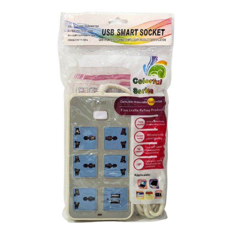 REGLETA EXTENSION ENCHUFE INTELIGENTE, ENCHUFE INTELIGENTE USB, VOLTAJE NOMIMAL 250V, MANTIENE CONECTADOS Y PROTEGIDOS CONTRA SOBRETENSIONES PARA HOGAR Y OFICINA 2 PUERTOS USB 110V-220V COLORFUL SERIES USB SMART SOCKET