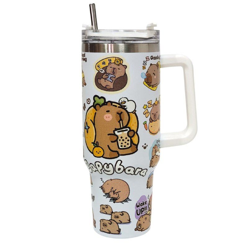 TERMO DE ACERO INOXIDABLE CON ASA DISEÑO DE CAPIBARA CON SORBETE 1200ML