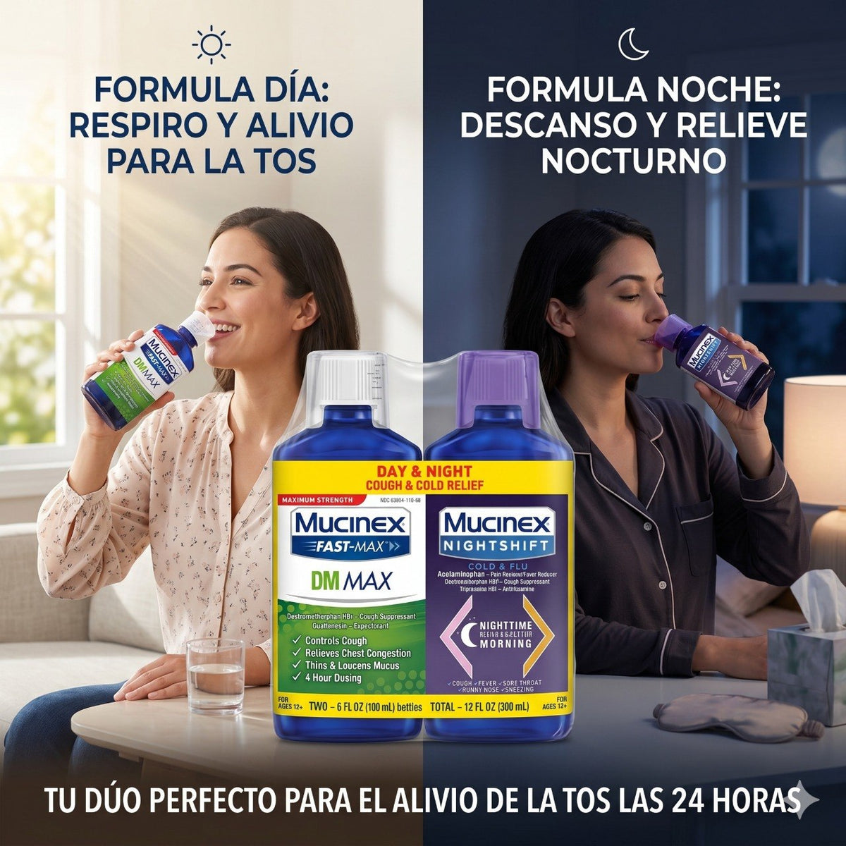 JARABE PARA ALIVIO DE LA TOS Y GRIPE PACK DE DIA Y NOCHE 2PCS MUCINEX 180MLX2