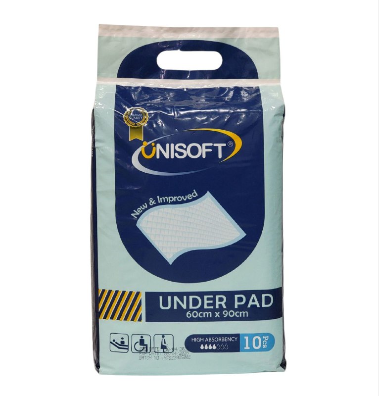 TOALLA ALMOHADILLA INFERIOR IMPERMEABLE DESECHABLE SUAVE AL TACTO,60X90CM MANTIENE LA PIEL SECA, ABSORBE EL LIQUIDO UNISOFT 10UND