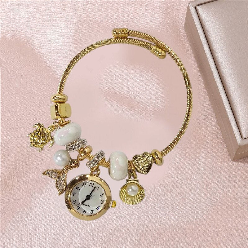 RELOJ ECONOMICO ESTILO PANDORA PARA DAMA DE ACERO CON BAÑO DE ENCHAPE