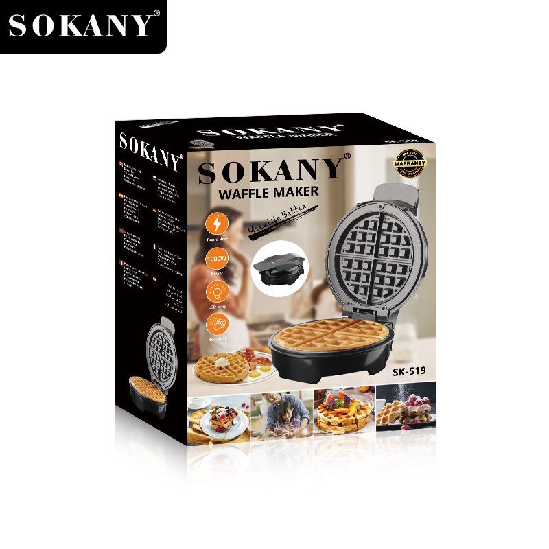 MAQUINA WAFFLERA REDONDA DE 1000W DE POTENCIA Y CALENTAMIENTO ULTRARAPIDO UNIFORME SK-519 SOKANY