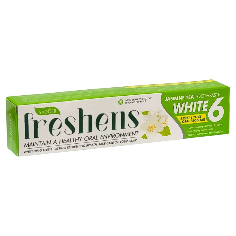 PASTA DE DIENTES, DE TE DE JAZMIN, LIMPIA PROFUNDAMENTE LAS MANCHAS DIFICILES Y EL SARRO BLANDO DE LOS DIENTES, ELIMINA LOS DIENTES AMARILLOS, CUIDA LAS ENCIAS Y REFRESCA EL ALIENTO SADOER 100G