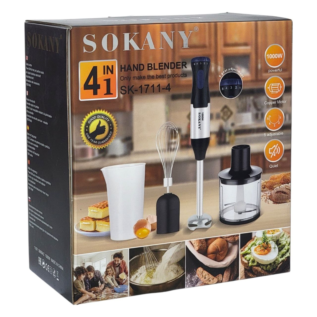 MAQUINA BATIDORA DE MANO SK-1711-4, 4 EN 1, BOTON DE SEGURIDAD, CAMPANA DE POTENCIA RAPIDA, EJE DE ACERO INOXIDABLE DESMONTABLE, 1000W, 5 VELOCIDADES SOKANY