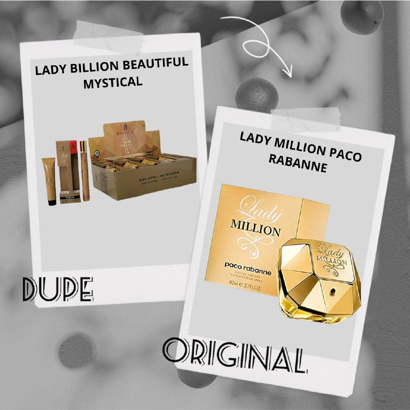 SET PERFUME EN TUBO PARA DAMA MYSTICAL 28 LADY BILLION BEAUTIFUL EDP 35ML, BODY LOTION 40ML (M)