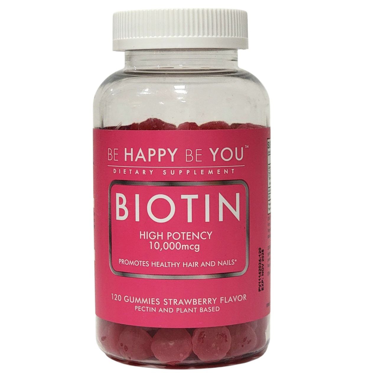 VITAMINAS EN GOMITAS DE BIOTINA, ALTA POTENCIA 10000MGC, PROMUEVE EL CABELLO Y UÑAS SALUDABLES, SABOR FRESA PECTINA BE HAPPY BE YOU DIETARY SUPLEMENT 120UND